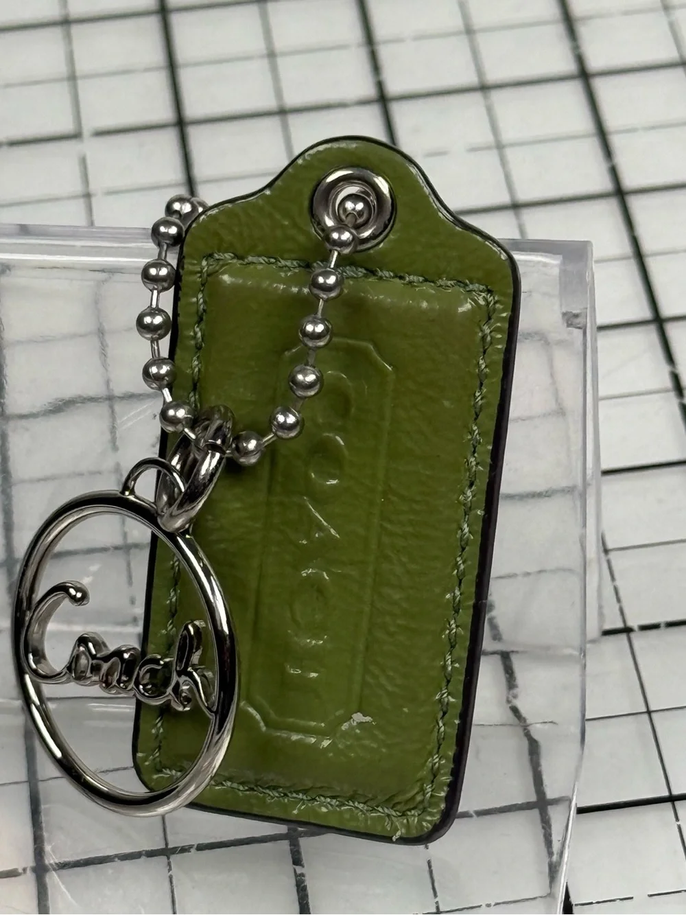 Coach Green Leather Tag Keychain with Silver Script Ring